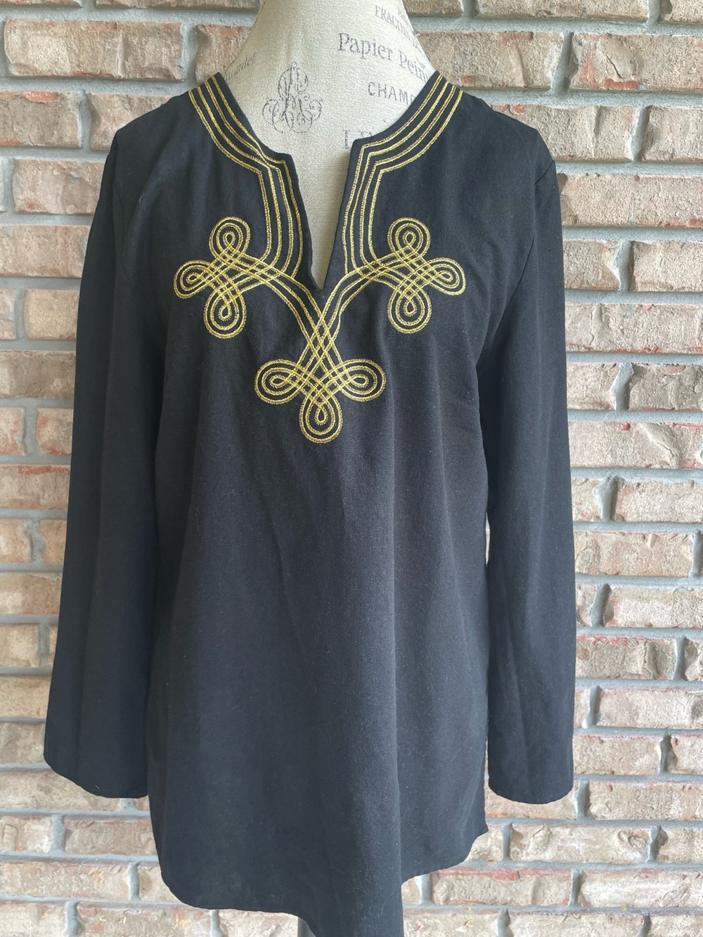 Carole Little Vintage Linen Blend Black Tunic Top with Gold Embroidered Neckline